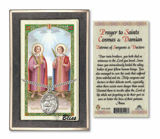 Silver Filled Saints Cosmas & Damian Medal on an 24 inch Heavy Curb Chain with a Prayer to Saints Cosmas & Damian Prayer Card. Engraved Catholic Saint Jewelry