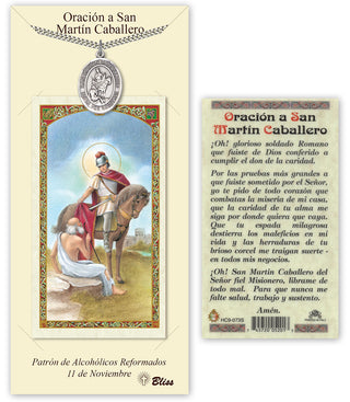Pewter San Martin Caballero Medal on an 24 inch Heavy Curb Chain with a Prayer to St Martin Caballero Prayer Card. Engraved Catholic Saint Jewelry