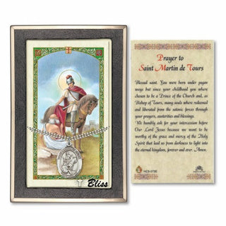 Silver Filled Saint Martin of Tours Medal on an 24 inch Heavy Curb Chain with a Prayer to St Martin de Tours Prayer Card. Engraved Catholic Saint Jewelry