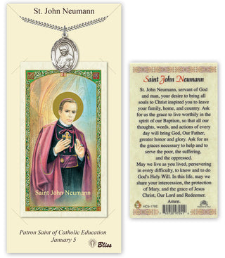Pewter Saint John Neumann Medal on an 24 inch Heavy Curb Chain with a Saint John Newmann Prayer Card. Engraved Catholic Saint Jewelry
