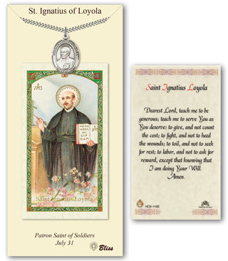 Pewter Saint Ignatius of Loyola Medal on an 24 inch Heavy Curb Chain with a Prayer to St Ignatius Loyola Prayer Card. Engraved Catholic Saint Jewelry