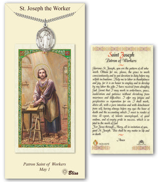 Pewter Saint Joseph the Worker Medal on an 24 inch Heavy Curb Chain with a Prayer to St Joseph the Worker Prayer Card. Engraved Catholic Saint Jewelry