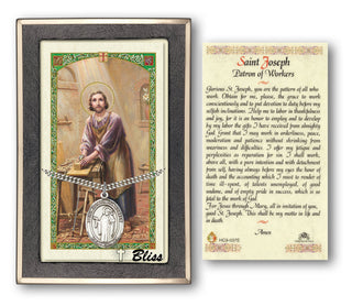 Silver Filled Saint Joseph the Worker Medal on an 24 inch Heavy Curb Chain with a Prayer to St Joseph the Worker Prayer Card. Engraved Catholic Saint Jewelry