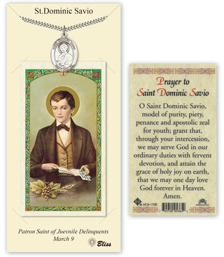 Pewter Saint Dominic Savio Medal on an 24 inch Heavy Curb Chain with a Prayer to Saint Dominic Savio Prayer Card. Engraved Catholic Saint Jewelry