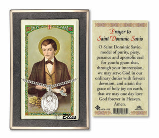 Silver Filled Saint Dominic Savio Medal on an 24 inch Heavy Curb Chain with a Prayer to Saint Dominic Savio Prayer Card. Engraved Catholic Saint Jewelry