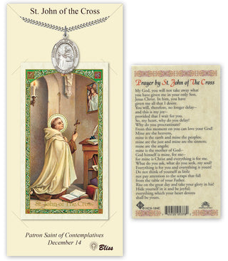Pewter Saint John of the Cross Medal on an 24 inch Heavy Curb Chain with a Prayer to St John of the Cross Prayer Card. Engraved Catholic Saint Jewelry