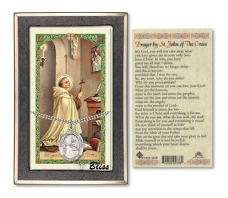 Silver Filled Saint John of the Cross Medal on an 24 inch Heavy Curb Chain with a Prayer to St John of the Cross Prayer Card. Engraved Catholic Saint Jewelry