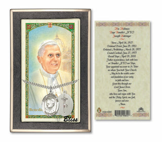 Sterling Silver Pope Emeritace Benedict XVI Medal Necklace with Prayer For Pope Benedict XVI Prayer Card