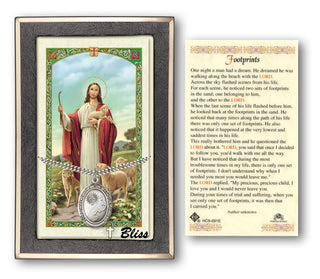 Sterling Silver Footprints / Cross Medal on an 24 inch Heavy Curb Chain with a Good Shepherd - Footprints Prayer Card. Engraved Catholic Saint Jewelry