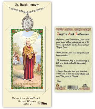 Pewter Saint Bartholomew the Apostle Medal on an 24 inch Heavy Curb Chain with a Prayer to Saint Bartholowmew Prayer Card. Engraved Catholic Saint Jewelry