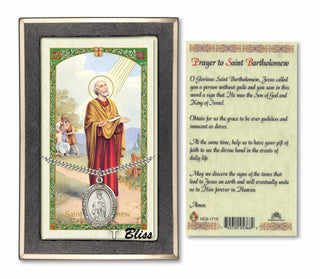Silver Filled Saint Bartholomew the Apostle Medal on an 24 inch Heavy Curb Chain with a Prayer to Saint Bartholowmew Prayer Card. Engraved Catholic Saint Jewelry