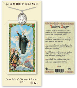 Pewter Saint John Baptist de la Salle Medal on an 24 inch Heavy Curb Chain with a St John Baptist de la Salle - Teacher's Prayer Prayer Card. Engraved Catholic Saint Jewelry