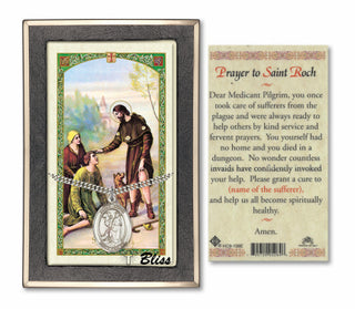 Silver Filled Saint Roch Medal on an 24 inch Heavy Curb Chain with a Prayer to St Roch Prayer Card. Engraved Catholic Saint Jewelry