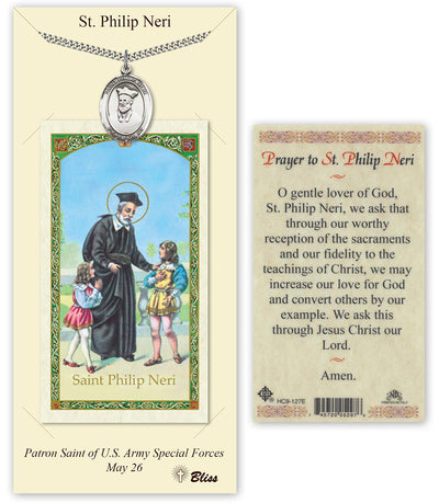 Pewter Saint Philip Neri Medal Necklace with Prayer to Saint Philip Neri Prayer Card