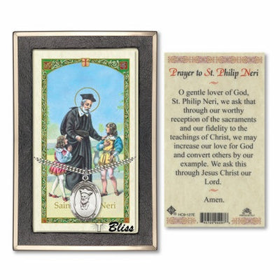 Sterling Silver Saint Philip Neri Medal Necklace with Prayer to Saint Philip Neri Prayer Card