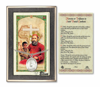 Silver Filled Saint Daniel Comboni Medal on an 24 inch Heavy Curb Chain with a Novena or Triduum to Saint Daniel Comboni Prayer Card. Engraved Catholic Saint Jewelry