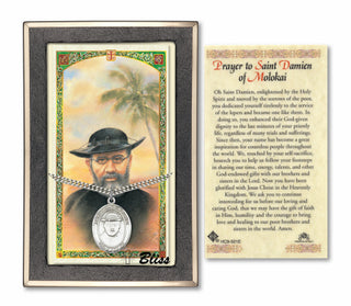 Sterling Silver Saint Damien of Molokai Medal | 24-inch Chain | Prayer to St Damien of Molokai Prayer Card Engraved Catholic Saint Jewelry