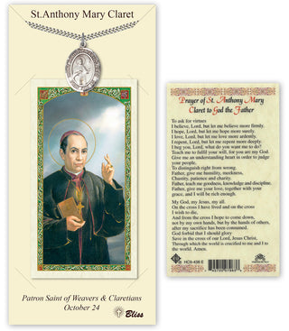 Pewter Saint Anthony Mary Claret Medal on an 24 inch Heavy Curb Chain with a Prayer to St Anthony Mary Claret Prayer Card. Engraved Catholic Saint Jewelry