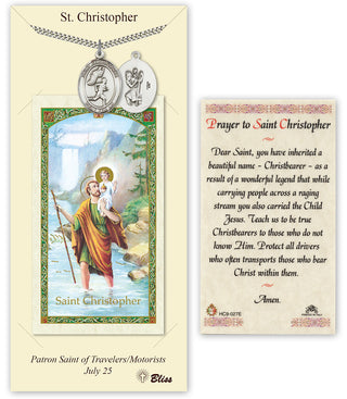 Pewter Saint Christopher/Track&Field Medal on an 24 inch Heavy Curb Chain with a Prayer to St Cristopher Prayer Card.