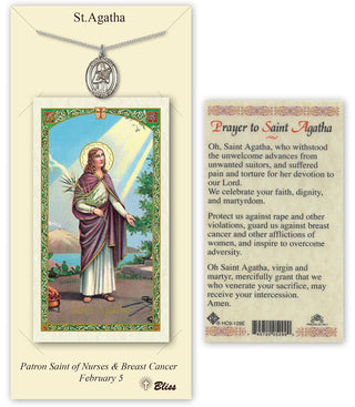 Pewter Saint Agatha Medal on an 18 inch Lite Curb Chain with a Prayer to St Agatha Prayer Card. Engraved Catholic Saint Jewelry