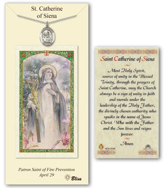 Pewter Saint Catherine of Siena Medal on an 18 inch Lite Curb Chain with a Prayer to St Catherine of Siena Prayer Card. Engraved Catholic Saint Jewelry
