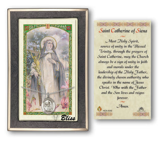 Silver Filled Saint Catherine of Siena Medal on an 18 inch Lite Curb Chain with a Prayer to St Catherine of Siena Prayer Card. Engraved Catholic Saint Jewelry