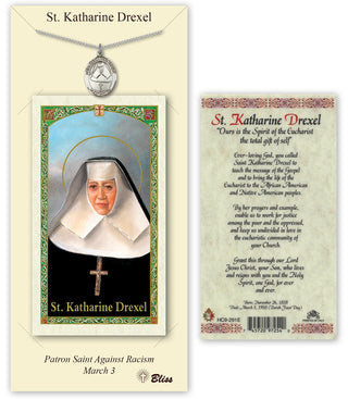 Pewter Saint Katharine Drexel Medal on an 18 inch Lite Curb Chain with a Saint Katharine Drexel Prayer Card. Engraved Catholic Saint Jewelry