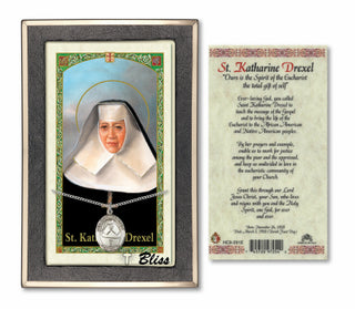 Silver Filled Saint Katharine Drexel Medal on an 18 inch Lite Curb Chain with a Saint Katharine Drexel Prayer Card. Engraved Catholic Saint Jewelry