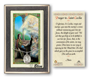 Sterling Silver Saint Cecilia Medal | 18-inch Chain | Prayer to St Cecilia Prayer Card Engraved Catholic Saint Jewelry