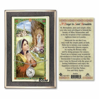 Silver Filled Saint Bernadette Medal on an 18 inch Lite Curb Chain with a A Prayer to Saint Bernadette Prayer Card. Engraved Catholic Saint Jewelry