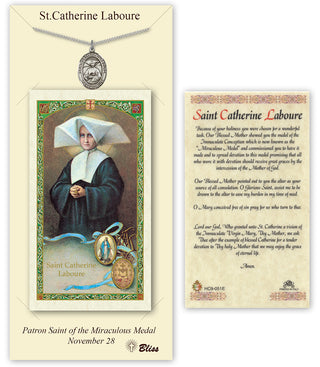 Pewter Saint Catherine Laboure Medal on an 18 inch Lite Curb Chain with a Prayer to St Catherine Laboure Prayer Card. Engraved Catholic Saint Jewelry