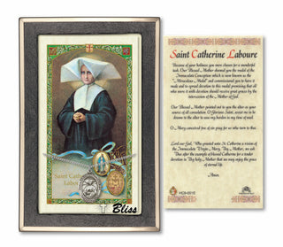 Silver Filled Saint Catherine Laboure Medal on an 18 inch Lite Curb Chain with a Prayer to St Catherine Laboure Prayer Card. Engraved Catholic Saint Jewelry