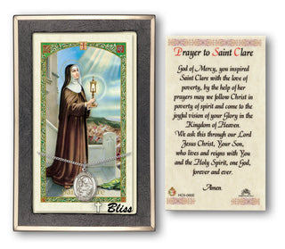Sterling Silver Saint Clare of Assisi Medal | 18-inch Chain | Prayer to St Clare Prayer Card Engraved Catholic Saint Jewelry