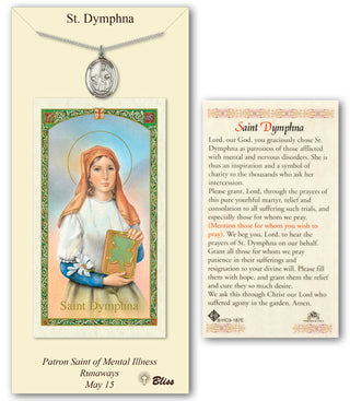 Pewter Saint Dymphna Medal on an 18 inch Lite Curb Chain with a Prayer to St Dymphna Prayer Card. Engraved Catholic Saint Jewelry