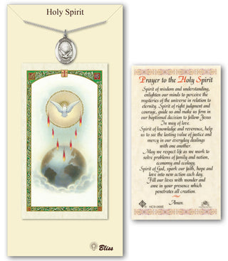 Pewter Holy Spirit Medal on an 18 inch Lite Curb Chain with a Prayer to Holy Spirit Prayer Card. Engraved Catholic Saint Jewelry