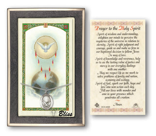 Sterling Silver Holy Spirit Medal on an 18 inch Lite Curb Chain with a Prayer to Holy Spirit Prayer Card. Engraved Catholic Saint Jewelry