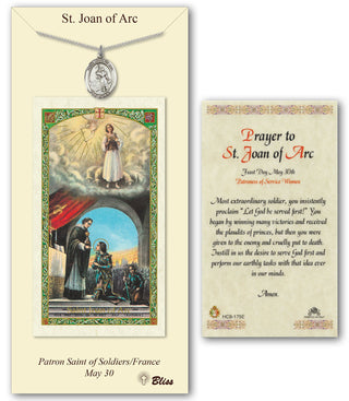 Pewter Saint Joan of Arc Medal on an 18 inch Lite Curb Chain with a Prayer to St Joan of Arc Prayer Card. Engraved Catholic Saint Jewelry