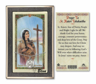 Sterling Silver Saint Kateri Tekakwitha Medal | 18-inch Chain | Prayer to Kateri Tekakwith Blessed Prayer Card Engraved Catholic Saint Jewelry