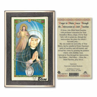 Silver Filled Saint Maria Faustina Medal on an 18 inch Lite Curb Chain with a The Intercession of Saint Faustina Prayer Card. Engraved Catholic Saint Jewelry