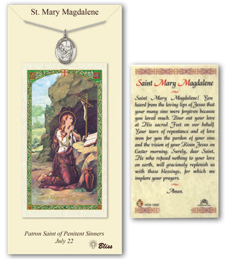 Pewter Saint Mary Magdalene Medal on an 18 inch Lite Curb Chain with a Prayer to St Mary Magdalene Prayer Card. Engraved Catholic Saint Jewelry