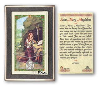 Silver Filled Saint Mary Magdalene Medal on an 18 inch Lite Curb Chain with a Prayer to St Mary Magdalene Prayer Card. Engraved Catholic Saint Jewelry