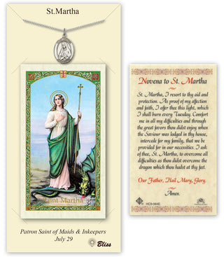 Pewter Saint Martha Medal on an 18 inch Lite Curb Chain with a Novena to St Martha Prayer Card. Engraved Catholic Saint Jewelry