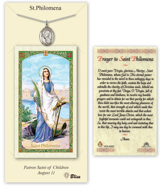 Pewter Saint Philomena Medal on an 18 inch Lite Curb Chain with a Prayer to St Philomena Prayer Card. Engraved Catholic Saint Jewelry
