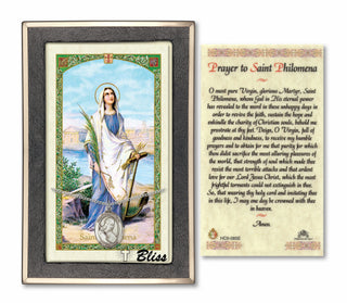 Silver Filled Saint Philomena Medal on an 18 inch Lite Curb Chain with a Prayer to St Philomena Prayer Card. Engraved Catholic Saint Jewelry