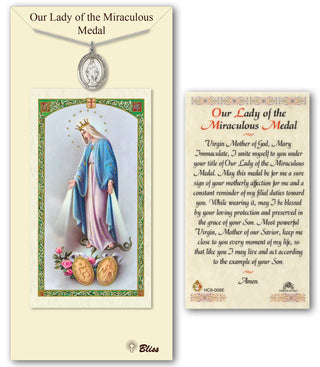 Pewter Miraculous Medal on an 18 inch Lite Curb Chain with a Our Lady of the Miraculous Medal Prayer Card.
