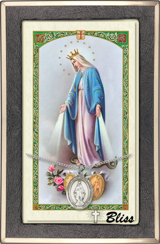 Silver Filled Miraculous Medal on an 18 inch Lite Curb Chain with a Our Lady of the Miraculous Medal Prayer Card.