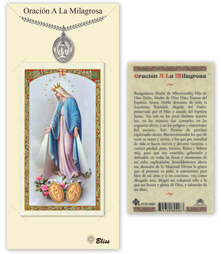 Pewter Virgen Milagrosa Medal on an 18 inch Lite Curb Chain with a Our Lady of Grace - Miraculous Medal Prayer Card.