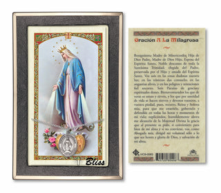 Sterling Silver Virgen Milagrosa Medal Necklace with Our Lady of Grace - Miraculous Medal Prayer Card