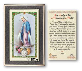 Sterling Silver Miraculous Medal on an 18 inch Lite Curb Chain with a Our Lady of the Miraculous Medal Prayer Card.