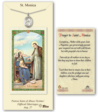 Pewter Saint Monica Medal on an 18 inch Lite Curb Chain with a Prayer to St Monica Prayer Card. Engraved Catholic Saint Jewelry
